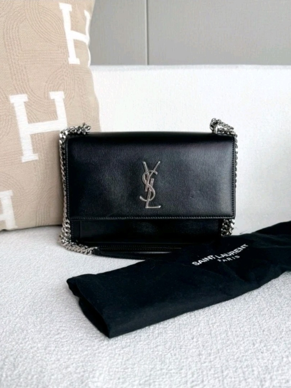 Saint Laurent Sunset Medium Black Leather Shoulder Bag with Chain